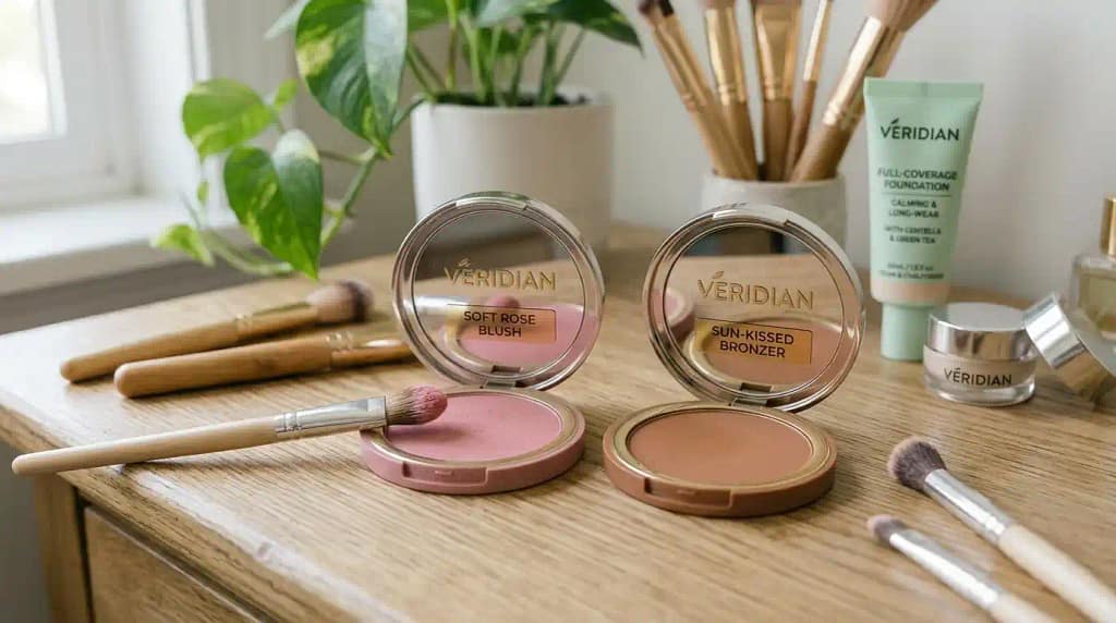 Soft pink blush and bronzer compact on a vanity with makeup brushes, ideal for rosacea-prone or sensitive skin.