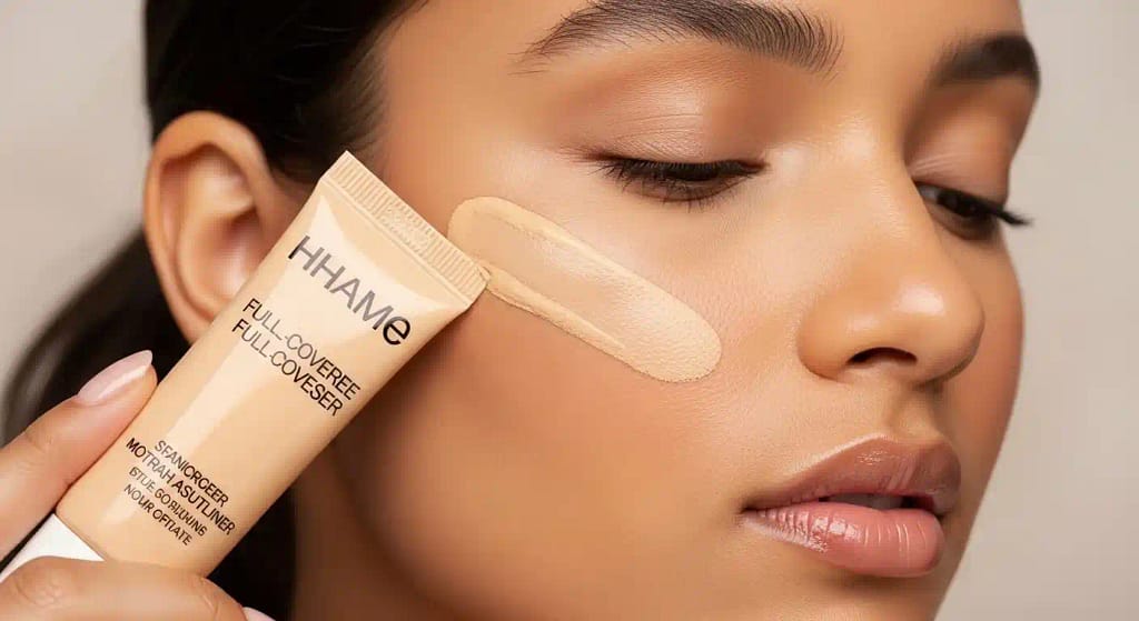 Full-coverage foundation being applied to a model’s face, providing smooth, even coverage for rosacea-prone or sensitive skin.