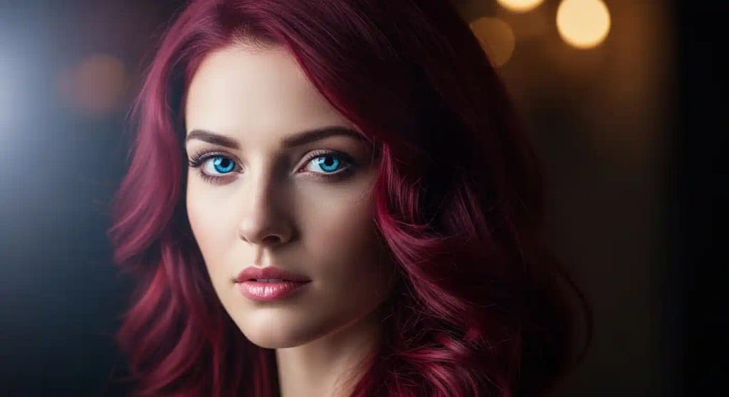 burgundy hair with blue eyes contrast