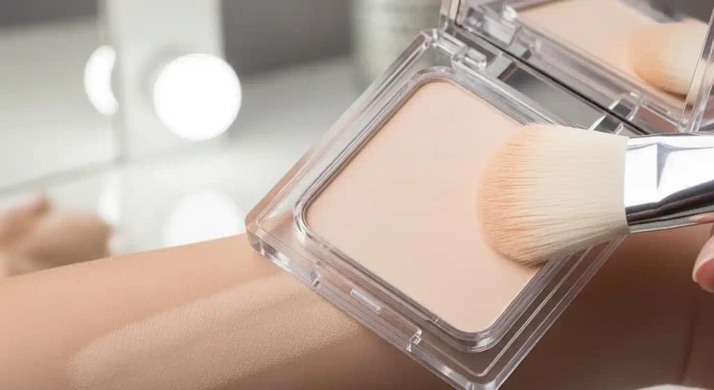 Translucent powder being applied with a brush for a natural matte finish, suitable for rosacea-prone or sensitive skin.