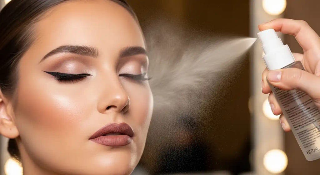 Makeup setting spray being misted on a model’s face to lock in foundation and other cosmetics for long-lasting wear.