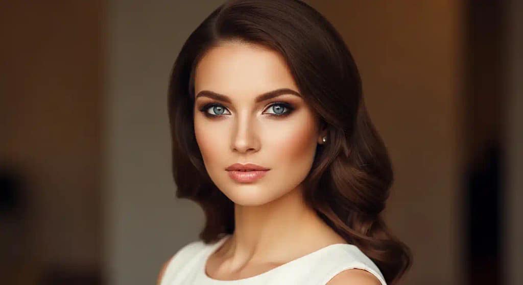 brown hair blue eyes contrast look