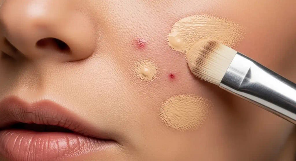 Creamy concealer being applied with a makeup brush to cover blemishes and redness on sensitive or rosacea-prone skin.