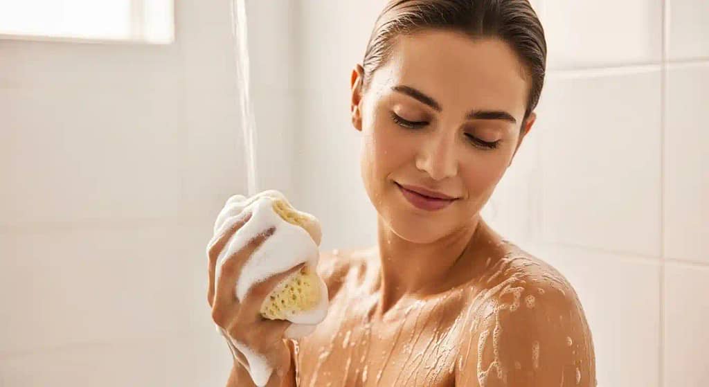 Person lathering body wash using a soft bath sponge