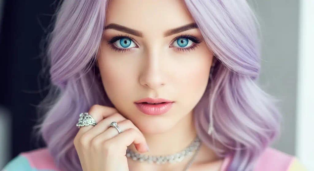 purple hair blue eyes trendy look