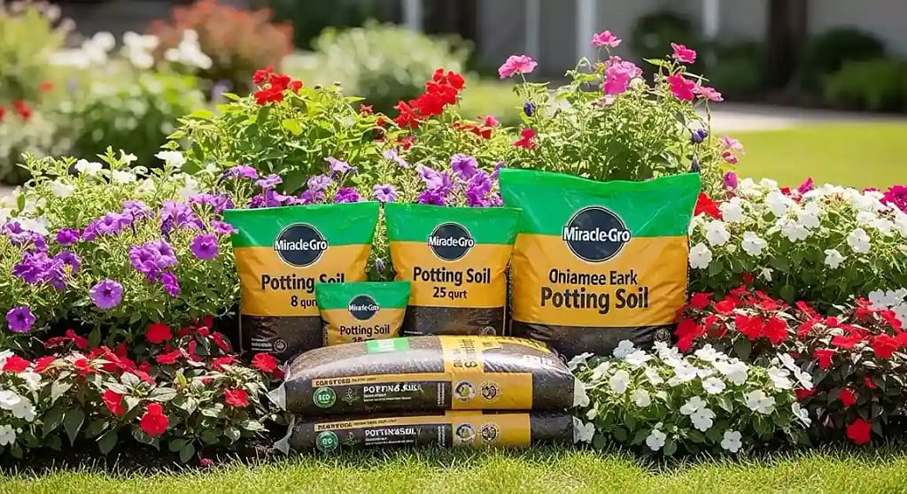 miracle gro organic potting soil​ bags in garden with healthy plants and flowers