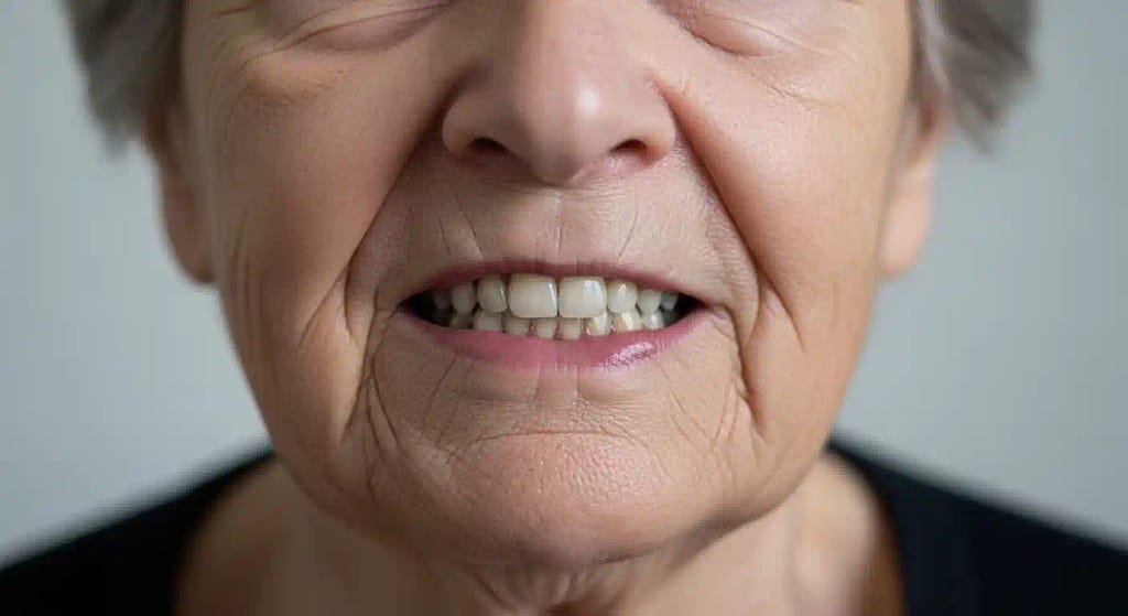 Elderly person with poorly fitted dentures causing upper lip to stick out and monkey mouth appearance