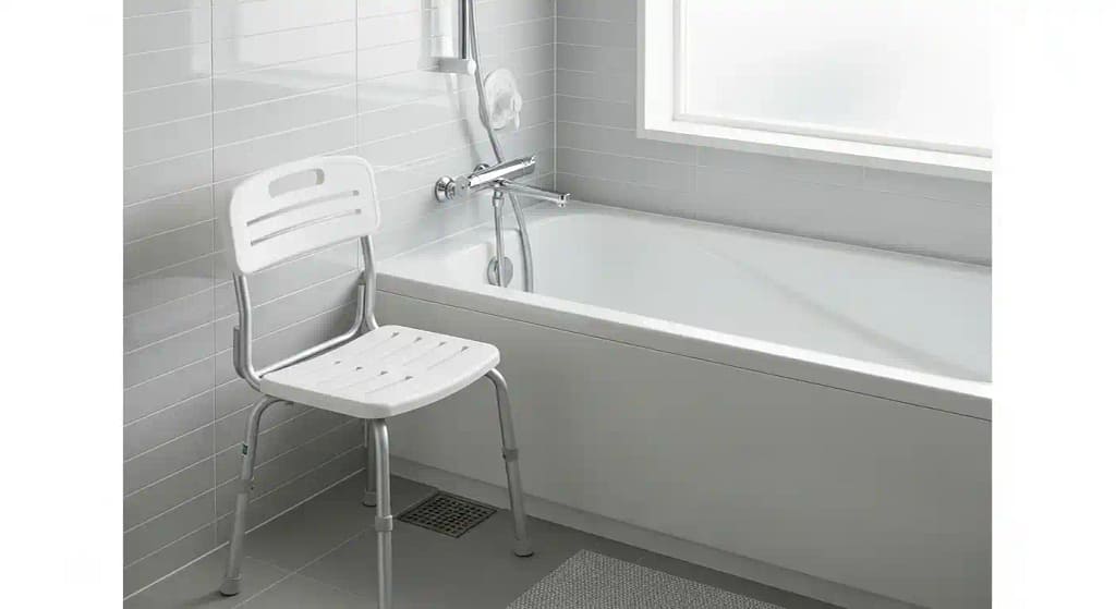 Folding shower chair folded next to bathtub