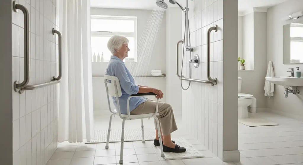 Elderly person using a shower chair in bathroom