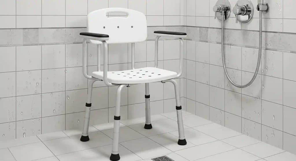 Shower chair with arms placed inside a bathroom shower