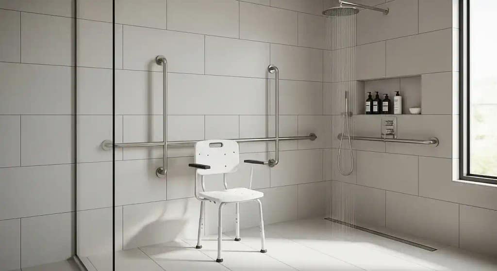Sliding shower chair with rails in bathroom