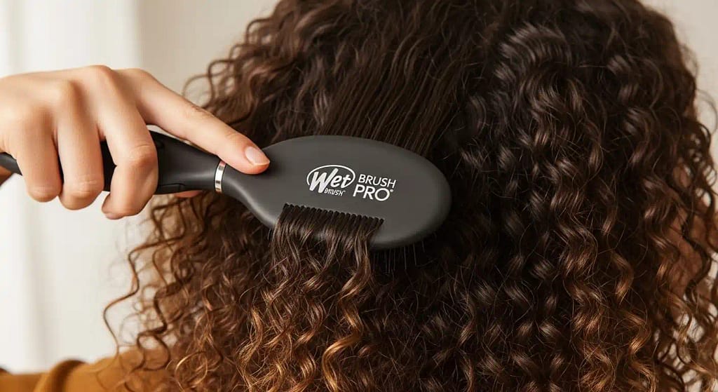 Detangling curly hair with a black hairbrush