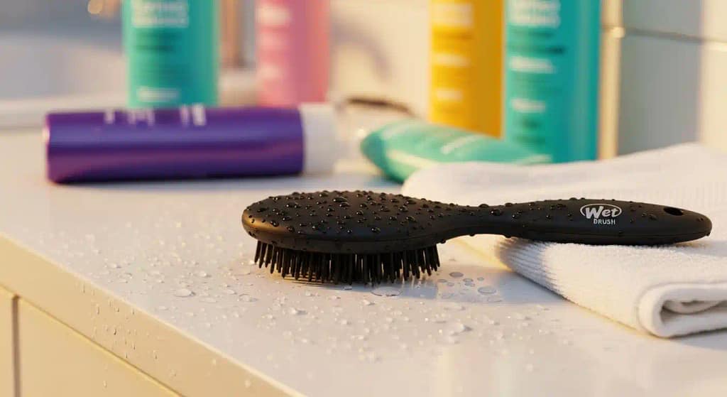 Black Wet Brush on bathroom counter with water droplets – best brush for wet hair