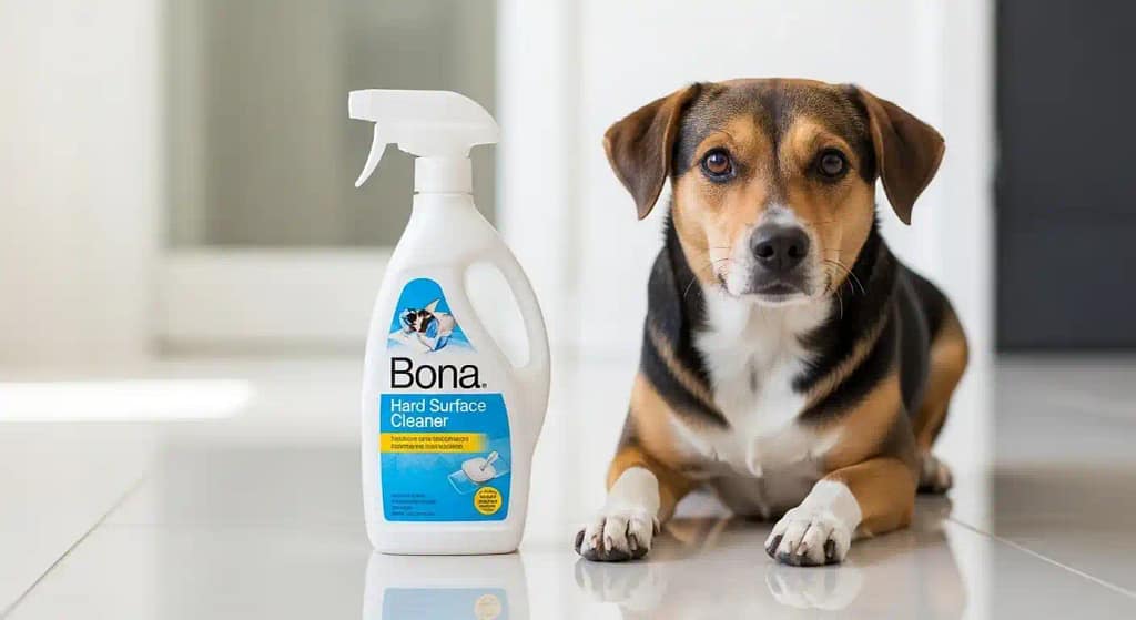 Bona Hard Surface Floor Cleaner with pet on shiny floor