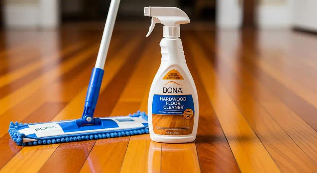 Bona Hardwood Floor Cleaner bottle on polished wood floor