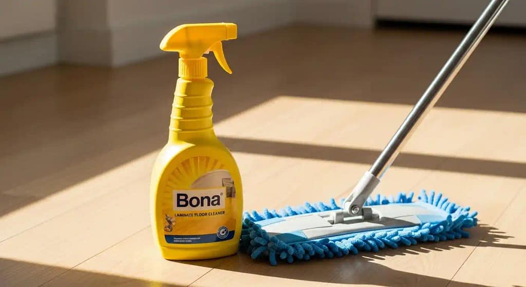 Bona Laminate Floor Cleaner bottle on laminate floor