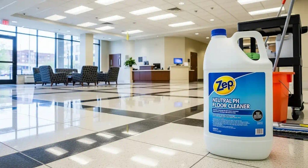 Zep Neutral pH Floor Cleaner bottle in commercial lobby