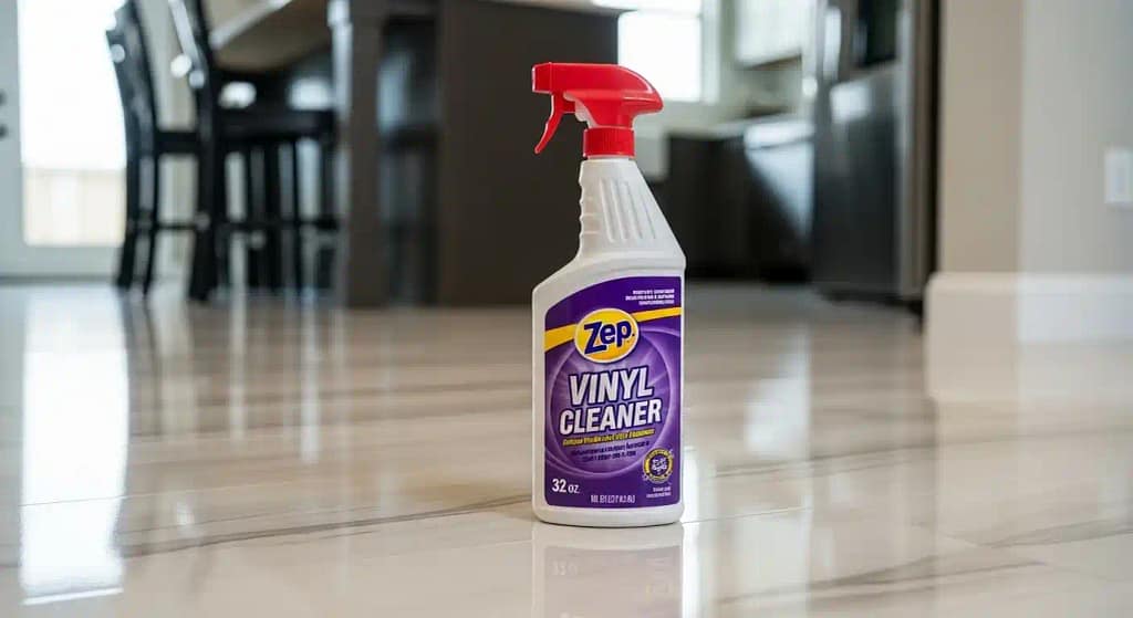 Zep Vinyl Floor Cleaner bottle on shiny vinyl floor