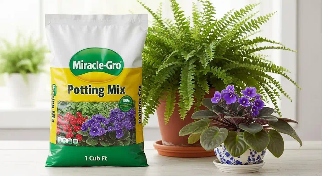 miracle gro 1 cu ft potting soil​ bag next to indoor houseplants