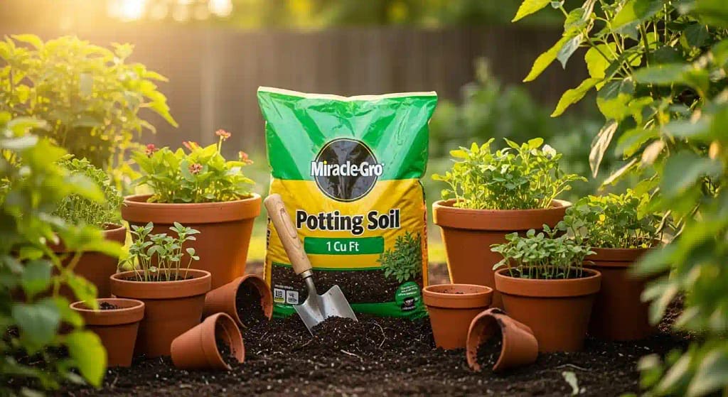 Miracle-Gro Potting Soil 1 Cu Ft bag with small garden pots