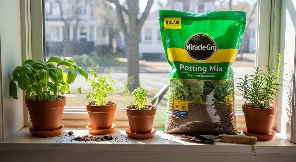 miracle gro potting soil 8qt bag with herb plants on a windowsill