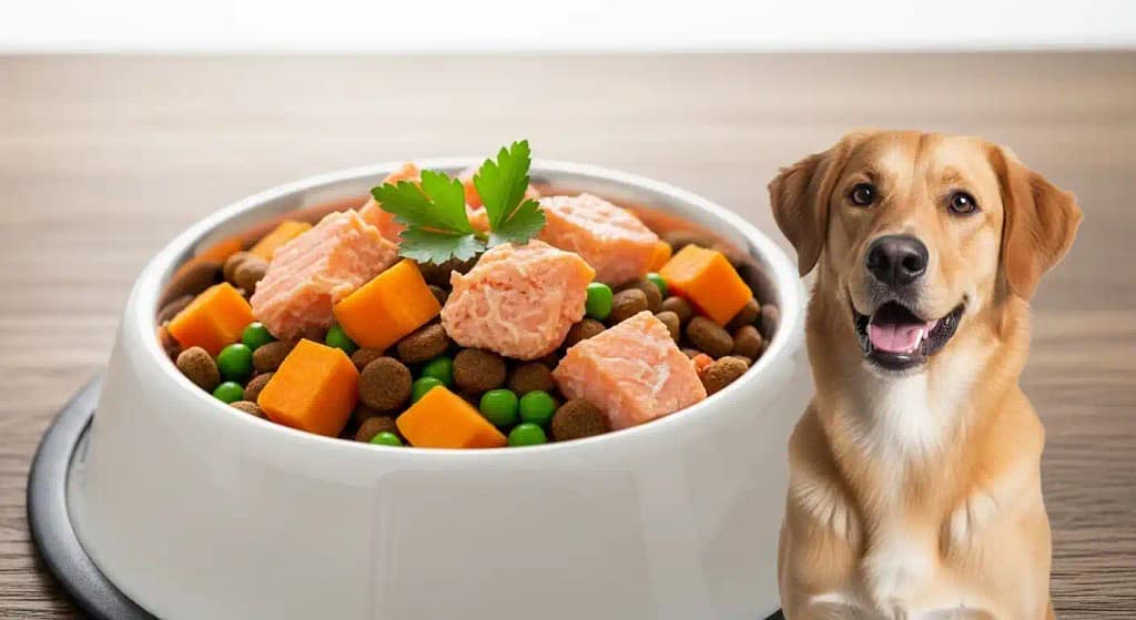 Bowl of salmon and sweet potato dog food with a happy dog nearby