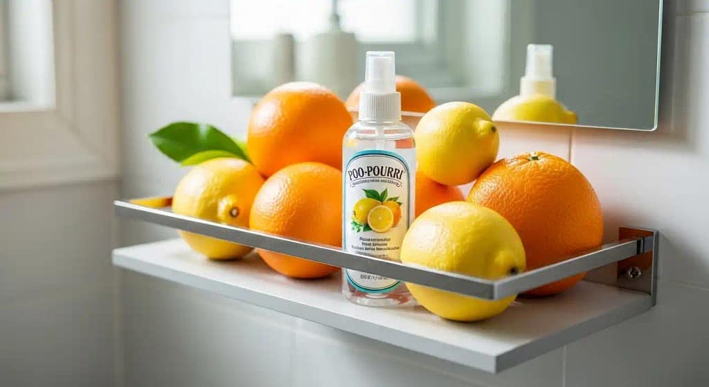 Poo-Pourri spray bottle on a stylish bathroom shelf with citrus fruits – best natural odor eliminator for bathroom