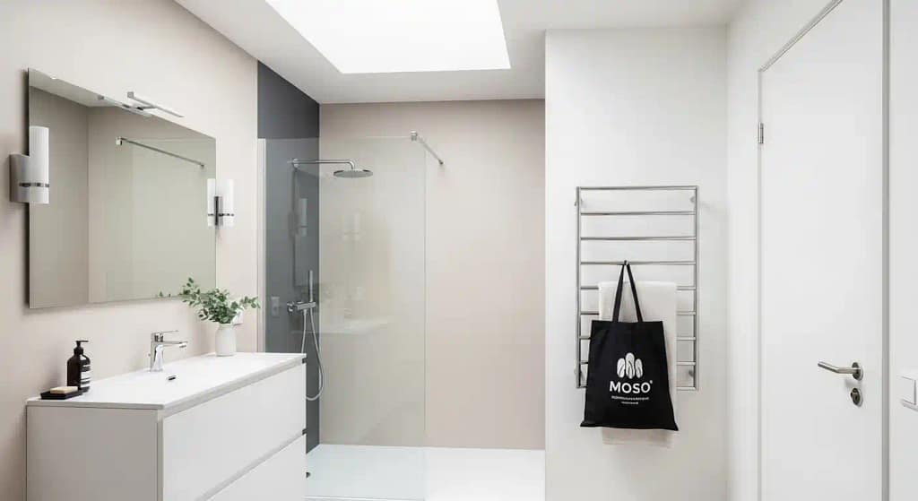 Moso Natural charcoal bag in minimalist bathroom – eco-friendly bathroom odor remover 2025