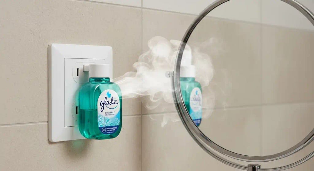 Glade PlugIn air freshener in bathroom outlet with steamy mirror – best long-lasting odor solution for toilet