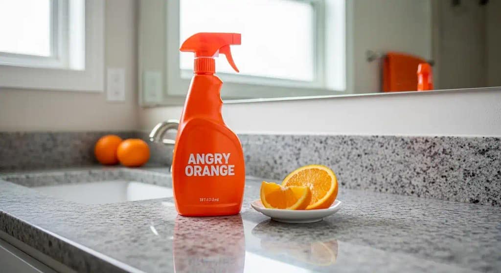 Angry Orange citrus odor eliminator spray on granite bathroom counter with fresh oranges