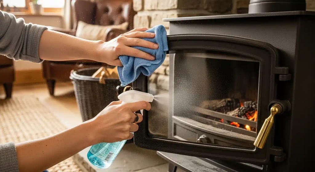 Person cleaning log burner glass with cloth and cleaner spray