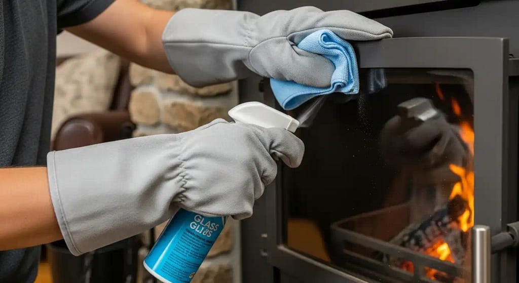 Person cleaning log burner glass wearing safety gloves