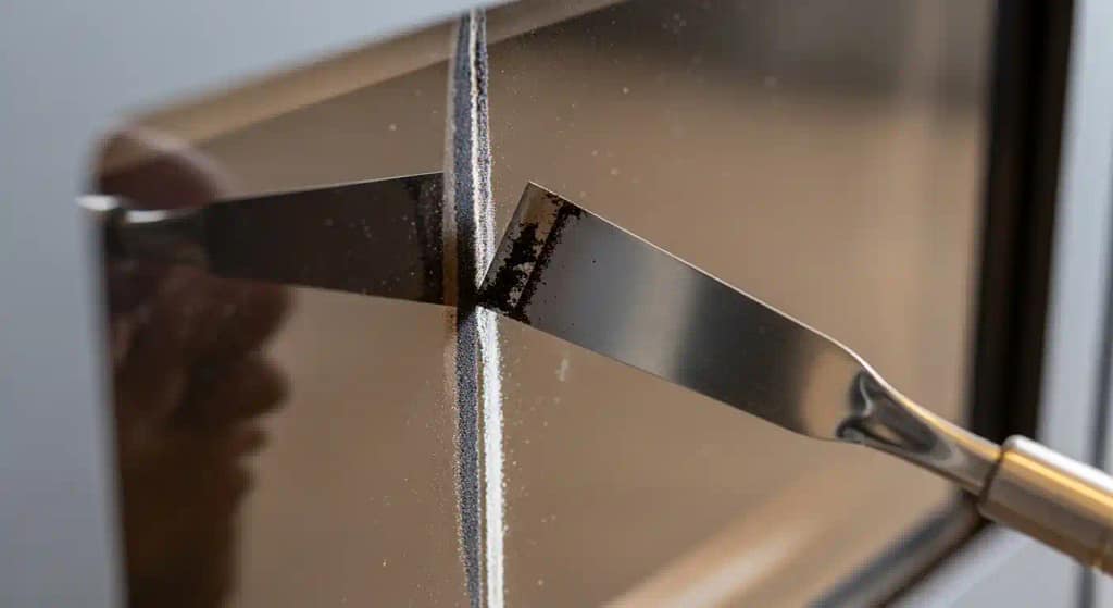 Scraper tool removing soot from glass surface