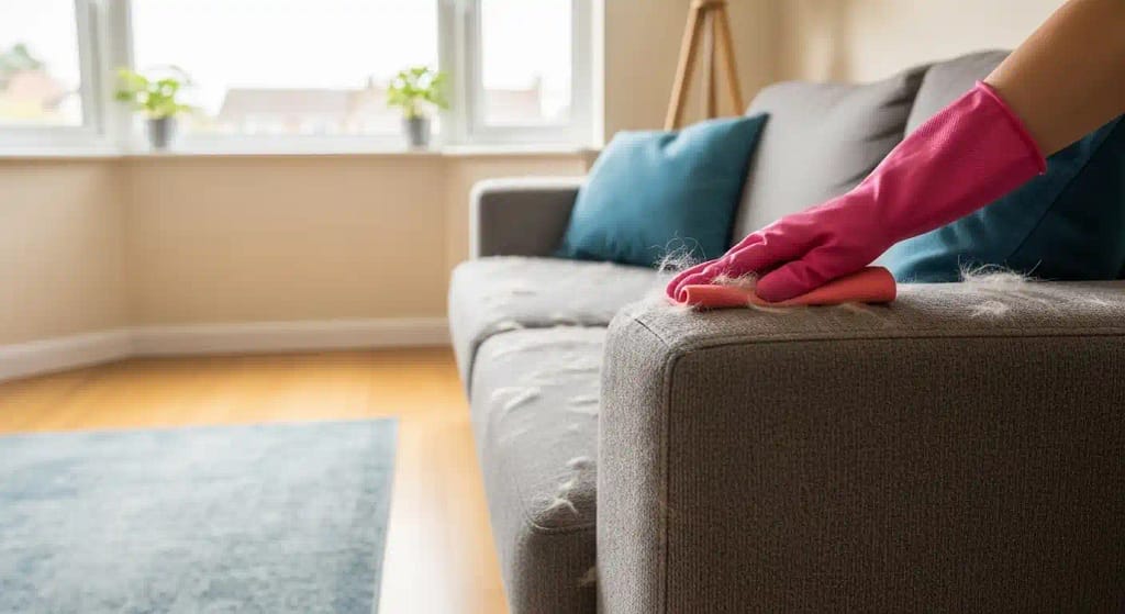 Removing pet hair from a couch using a rubber glove naturally in a home.