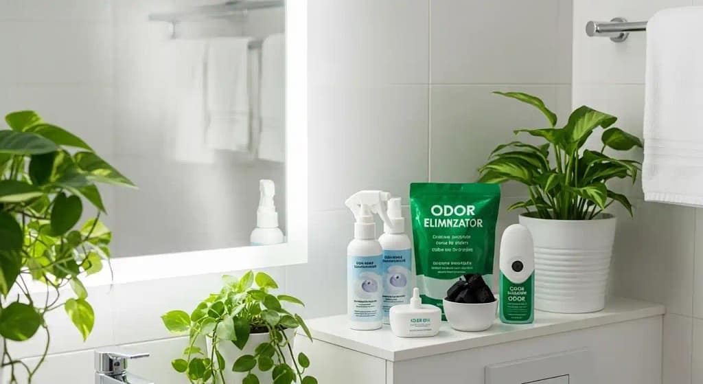 Modern bathroom with natural odor eliminator sprays, charcoal bags, and plug-in air fresheners placed neatly on a shelf — best odor eliminator for bathroom in 2025