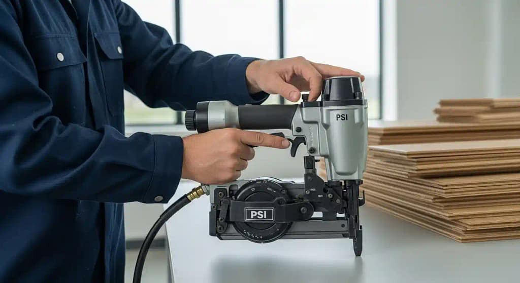 Setting PSI and depth on a flooring nail gun for hardwood installation