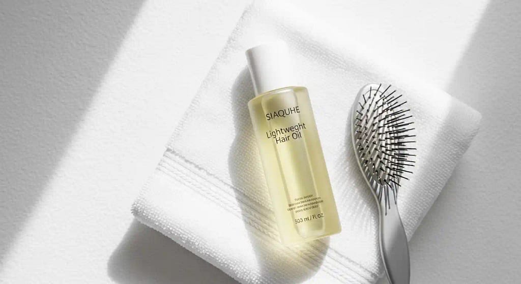 Lightweight hair oil bottle for fine hair on spa towel