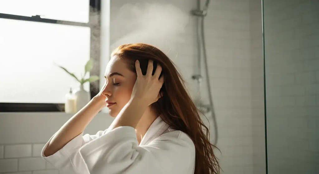 Young woman with long hair gently massaging oil into her scalp, spa-like ambiance, soft lighting, self-care mood