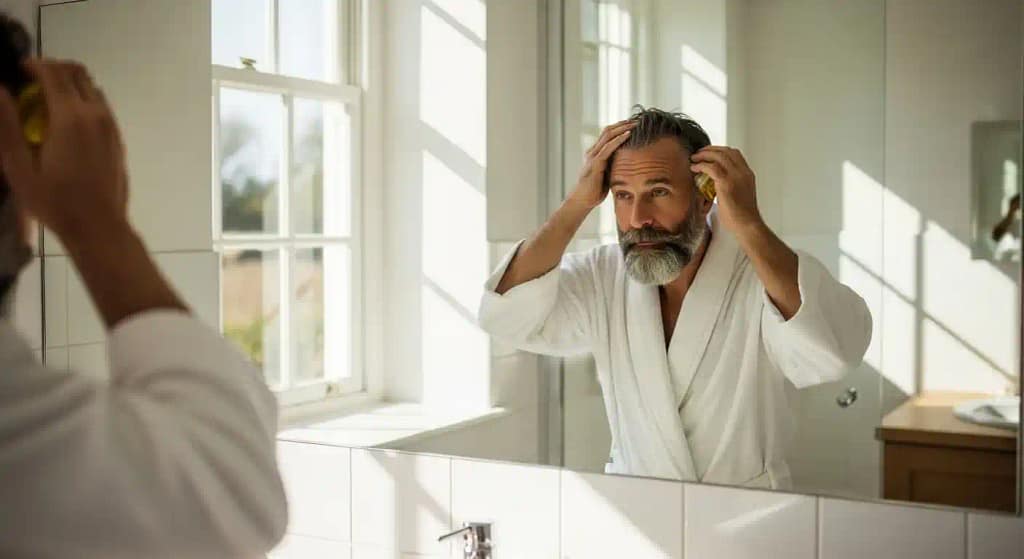 Man in front of mirror using hair oil