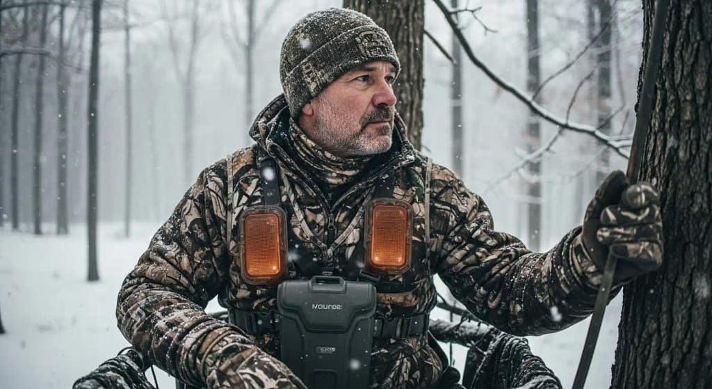 Hunter in camouflage heated vest during winter hunt