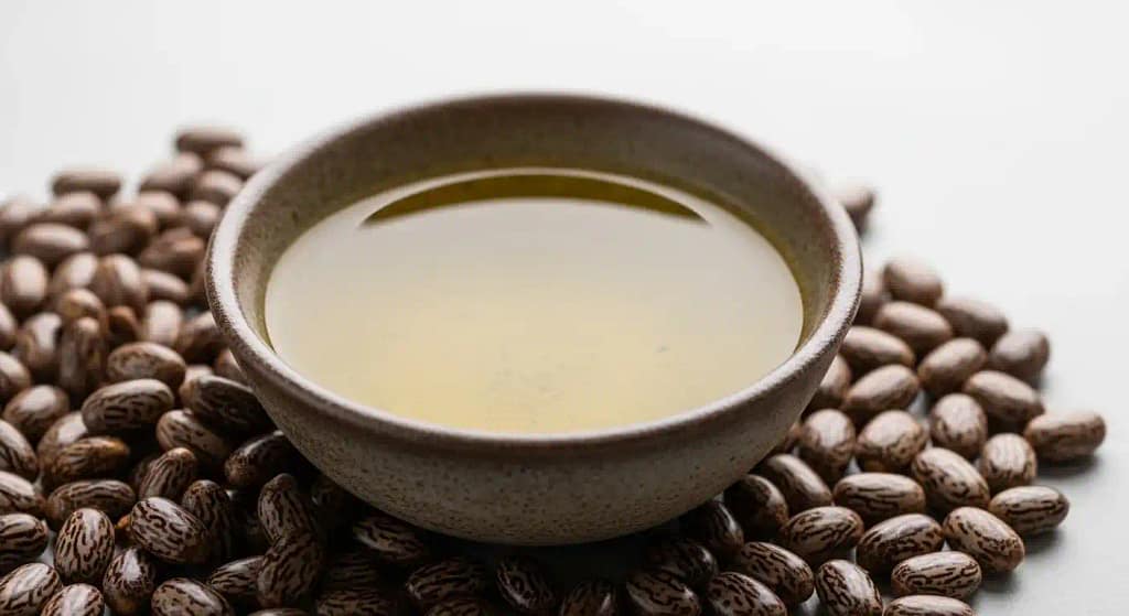 Thick castor oil in a small bowl with castor seeds around it