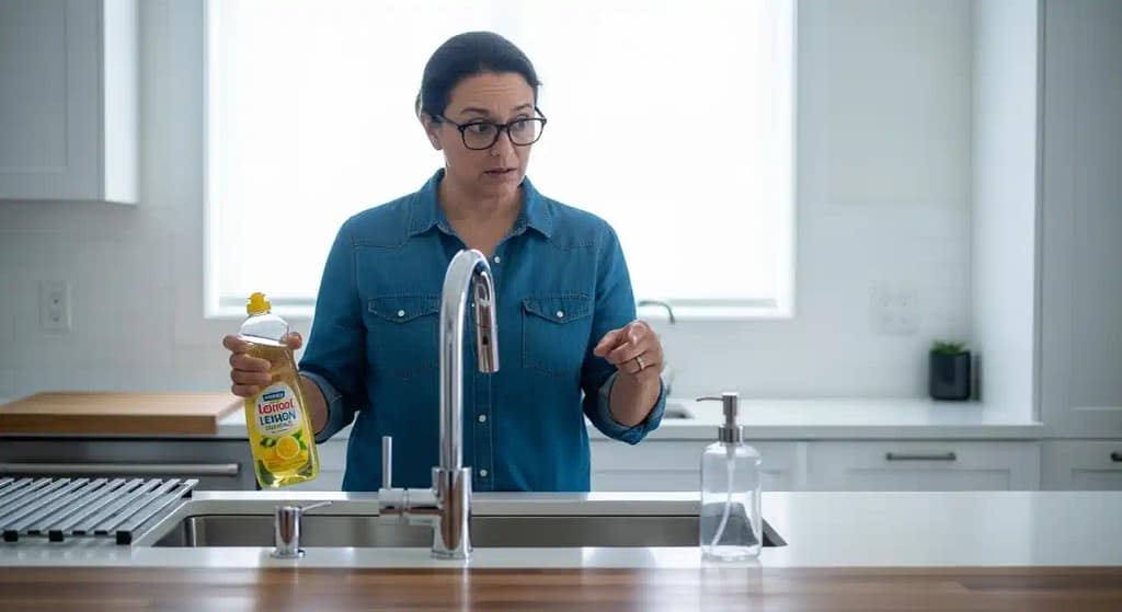 Person deciding between dish soap and empty hand soap bottle