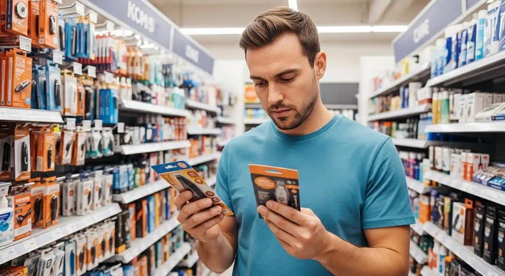 Person comparing different scissors packaging