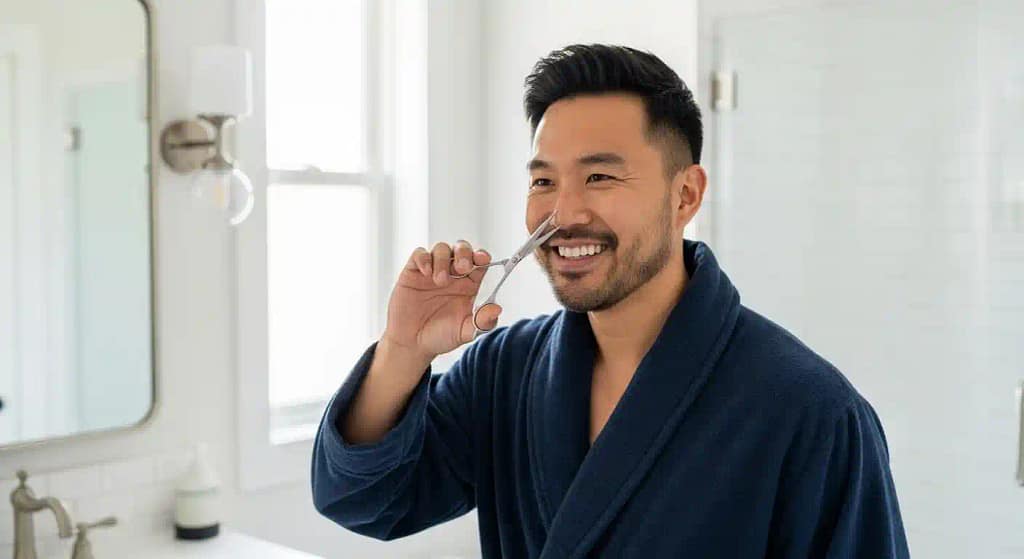 Man smiling after using nose hair scissors