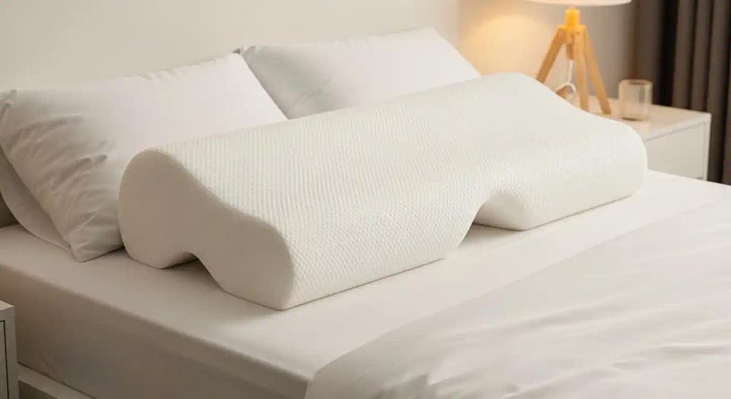 An orthopedic contour memory foam pillow on a bed, designed for side sleepers with back pain, clean setting