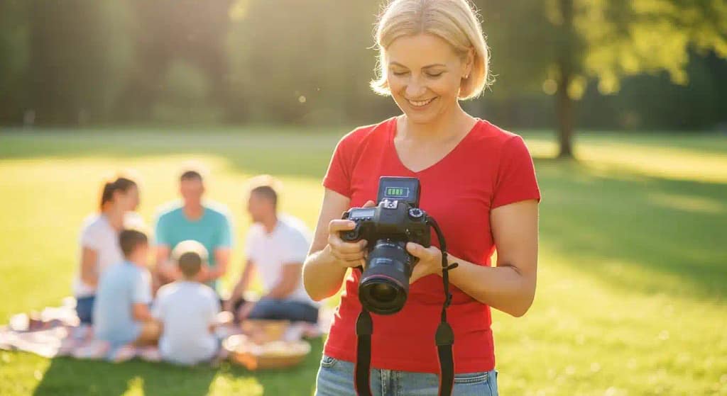 DSLR camera with long battery life being used during a family outdoor event