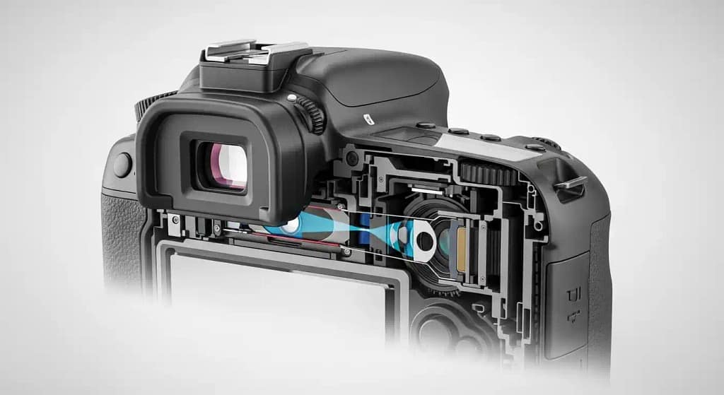 Diagram showing how a DSLR camera uses a mirror and viewfinder system