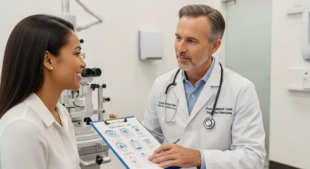 Post-cataract eye care consultation with a doctor