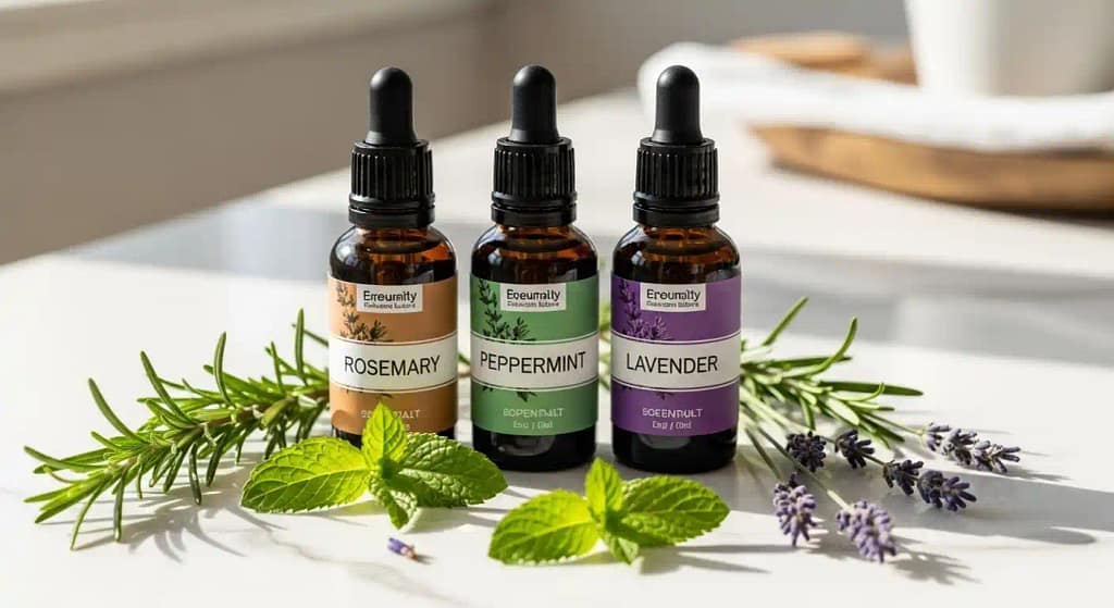Rosemary, peppermint, and lavender essential oils in dropper bottles