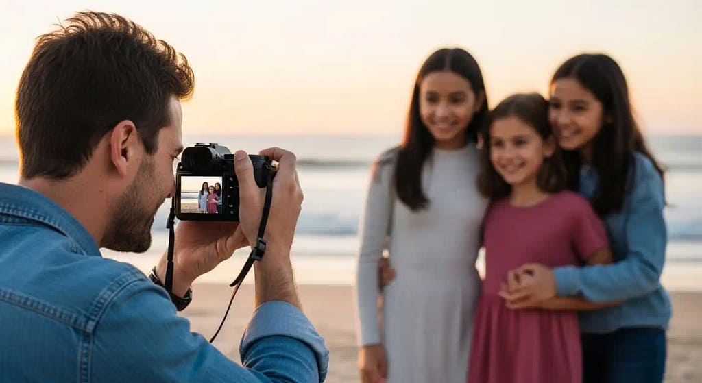 Father using a mirrorless camera to take a family photo at the beach during golden hour
